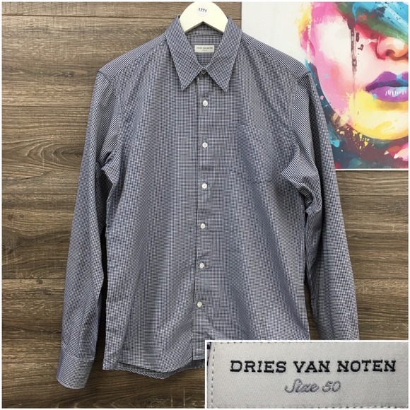 Dries Van Noten Other - Dries Van Noten Mens Houndstooth Long Sleeve Button Shirt Blue White Size 50